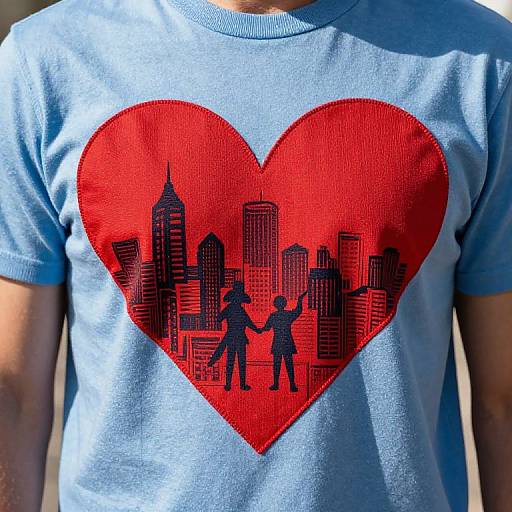 Photograph of a person wearing a light blue t-shirt with a red heart design featuring silhouetted city skyline and two dancing figures.
