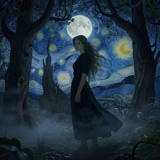 Digital art: Full moon illuminates a forest with swirling blue and yellow stars. A long-haired woman in a black dress stands silhouetted among