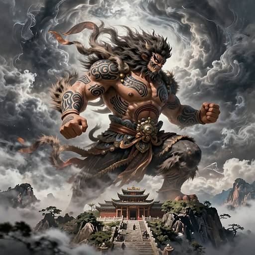 Digital art of a towering, muscular, tattooed, wolf-man with black fur, fierce expression, and traditional Asian attire, looming over a traditional temple