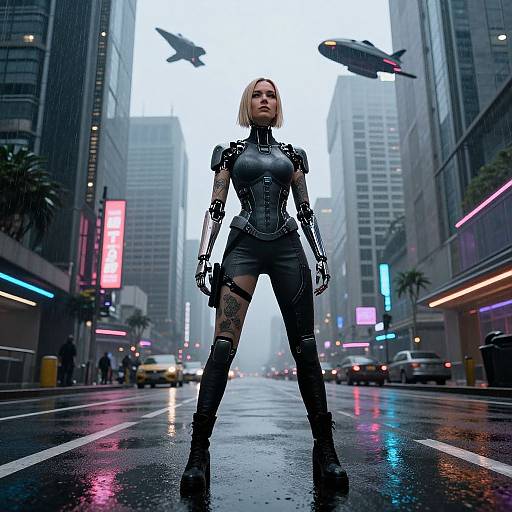 Digital art: Cyberpunk city street, rainy night. Blonde woman in black, futuristic armor stands confidently, arms at sides. Two flying jets overhead.