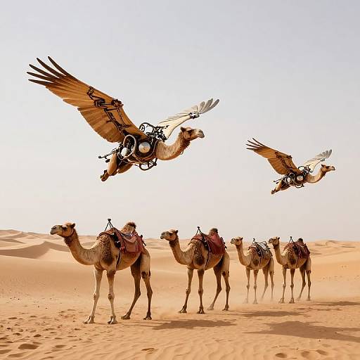 Photograph of three flying birds with decorative harnesses above a line of six camels in a bright, sandy desert.
