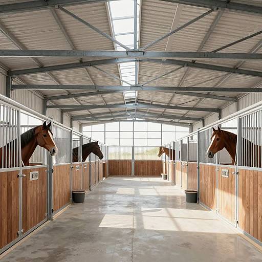 Photograph of a brightly lit, modern horse stable with four horses in wooden stalls, metal bars, and a metal roof.