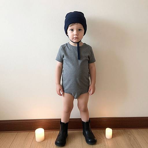 Photograph of a young boy standing against a white wall, wearing a gray romper, black beanie, and boots, with two lit candles on