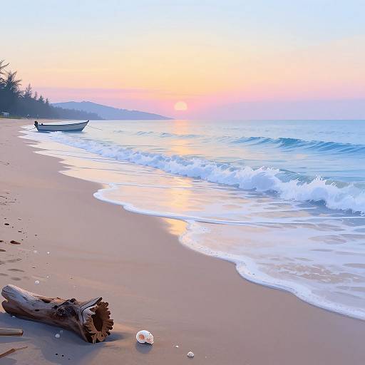 Photograph of a serene beach at sunset, featuring gentle waves, a driftwood log, seashells, and a small boat in the distance.