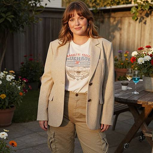 Photograph of a smiling woman with light brown hair, wearing a beige blazer, white graphic tee, and beige cargo pants, standing in a sun