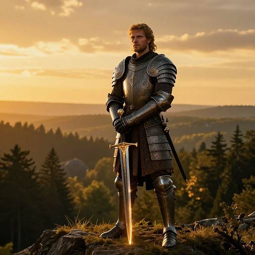 Medieval knight in ornate silver armor stands with sword on rocky hilltop at sunset, forested landscape in background, golden sky. Photorealistic