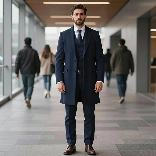Man in dark blue suit standing in modern hallway
