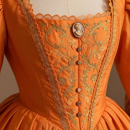 Close-up photograph of an ornate, Victorian-style orange dress with intricate gold embroidery, lace trim, and a central brooch button.