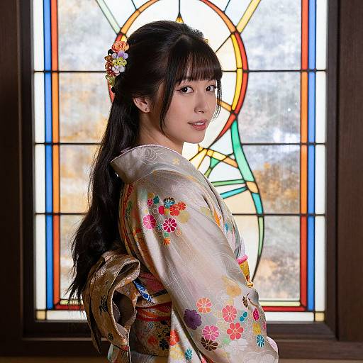 Photograph of a young Asian woman with long black hair, wearing a white floral kimono, standing in front of a colorful stained glass window, looking