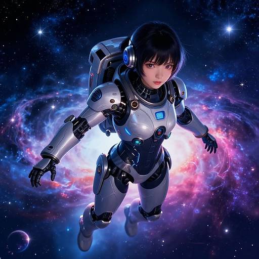 Digital illustration of an Asian woman in a futuristic white space suit, floating in a vibrant, cosmic galaxy with colorful nebulae.