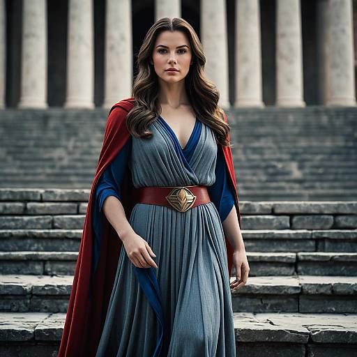 Regal Woman in Flowing Dress on Stone Steps