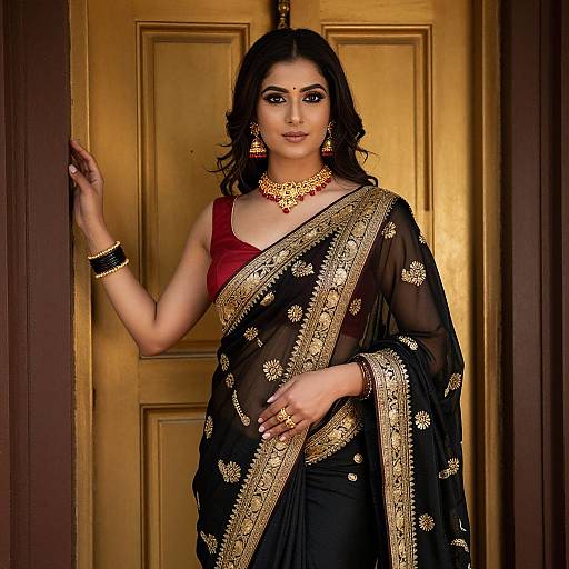 Photograph of an Indian woman with dark hair, wearing a black and gold embroidered saree, red blouse, gold jewelry, standing against a golden door
