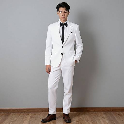 Photograph of an Asian man in a white tuxedo with black bow tie, black dress shoes, and black pocket square, standing against a plain