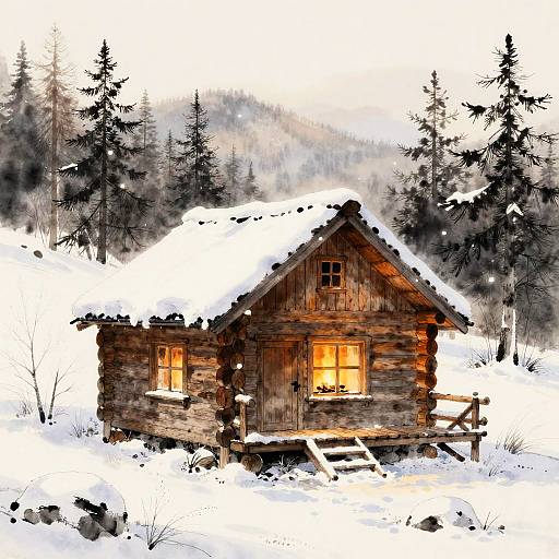 Cozy Snowy Log Cabin at Dawn