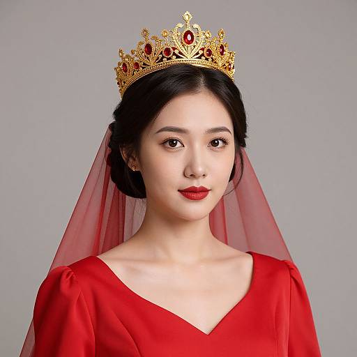 Photograph of an Asian woman with fair skin, black hair in a bun, wearing a gold crown with red jewels, red veil, and red dress