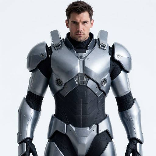 Photorealistic CGI of a muscular, serious-looking man in silver and black futuristic armor with shoulder pads, standing against a white background.