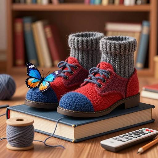 Photograph of hand-knit red and blue boots with gray cuffs, adorned by a blue and orange butterfly, on a book, surrounded by yarn,