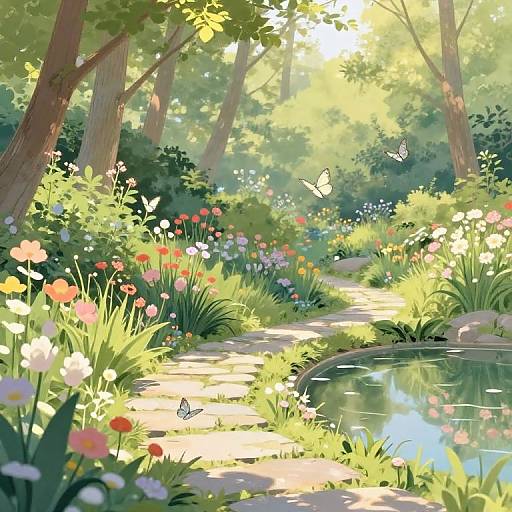 Sunlit forest garden path with colorful flowers, butterflies, and a small pond reflecting greenery, surrounded by tall trees. Digital anime-style illustration.