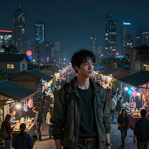 Young Man in Vibrant Night Market with Cyberpunk Cityscape