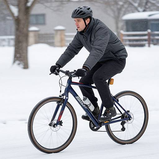 Photograph of a focused, middle-aged man in black winter gear and helmet, riding a black mountain bike through snowy landscape.