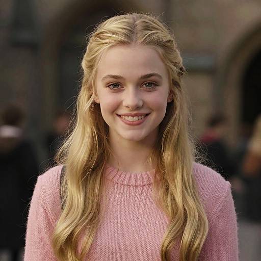 Photograph of a smiling young blonde woman with long, wavy hair, wearing a pink knit sweater, standing outdoors in a blurred urban background.