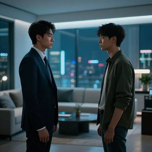 Photograph of two Asian men standing in a modern, dimly lit apartment at night, facing each other; one in a suit, the other in