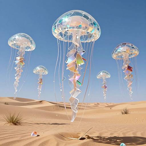 Photograph of colorful, geometric jellyfish-like sculptures floating in a clear blue sky over a sandy desert with sparse grass patches.