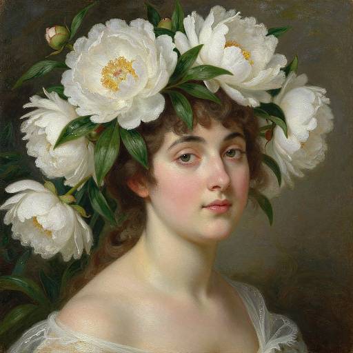 Classical oil painting of a fair-skinned woman with brown hair, wearing a white floral headpiece and delicate lace dress, looking softly.