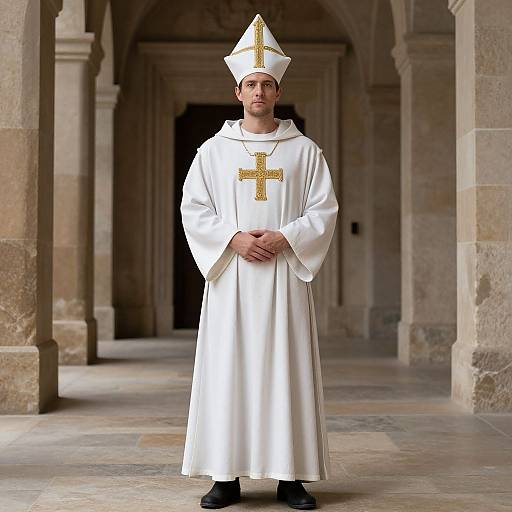 Photograph of a young male priest in white cassock and mitre, standing in a stone corridor, with a gold cross on his chest.