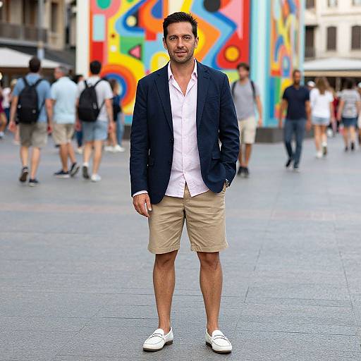 Photograph of a bearded man in a navy blazer, white shirt, beige shorts, and white shoes, standing in a bustling urban plaza with