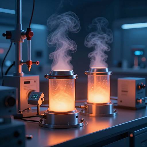 Photograph of two glowing, steam-emitting glass cylinders on a lab bench, surrounded by scientific equipment in a dimly lit laboratory.