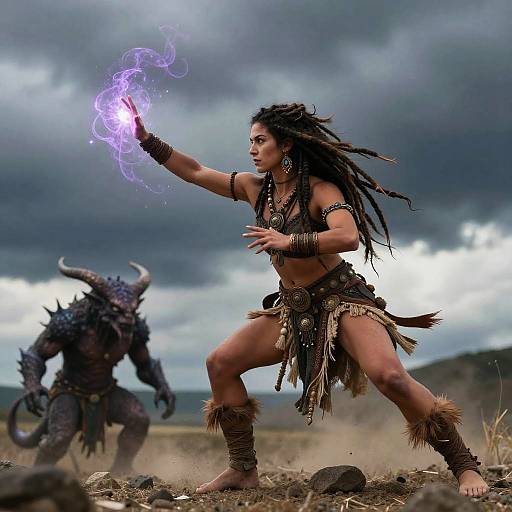 Fantasy photograph: Tribal woman with dreadlocks and warrior attire conjures purple magic, facing a horned, dark creature in a stormy landscape.