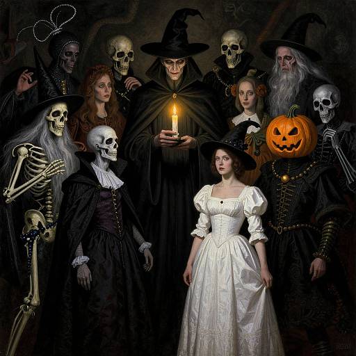 Digital painting of a Halloween scene: a white-dressed woman center, surrounded by skeletons, witches, and a jack-o'-lantern, holding a