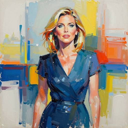 Digital painting of a blonde woman with blue eyes, wearing a dark blue V-neck dress, set against a vibrant abstract background of yellow, orange, blue