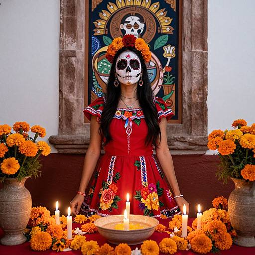 Photograph of a woman with black hair, red dress, and skull face paint, surrounded by orange marigolds, candles, and a skull-themed