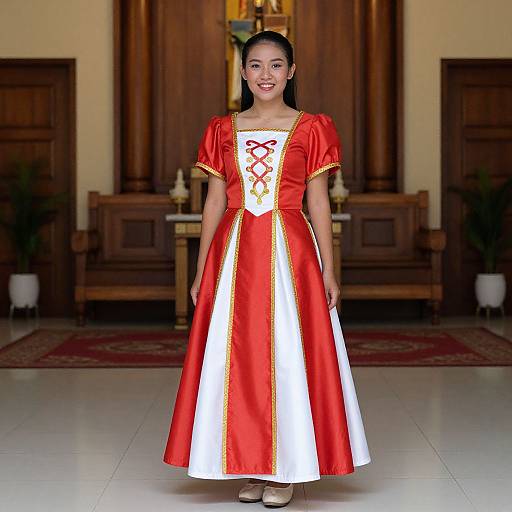 Photograph of an Asian woman with long black hair, wearing a red and white traditional dress with gold trim and red lace-up front, standing in a