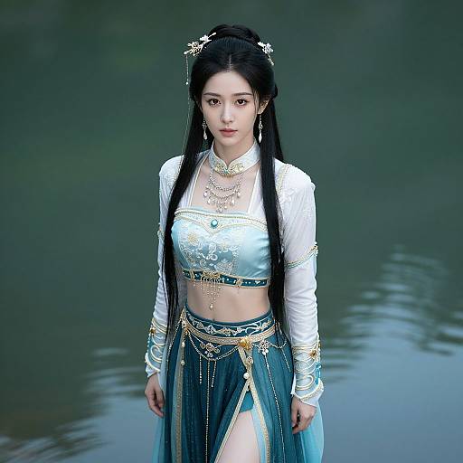 Digital artwork of an East Asian woman with long black hair in a white, ornate crop top and blue, beaded harem pants, standing by
