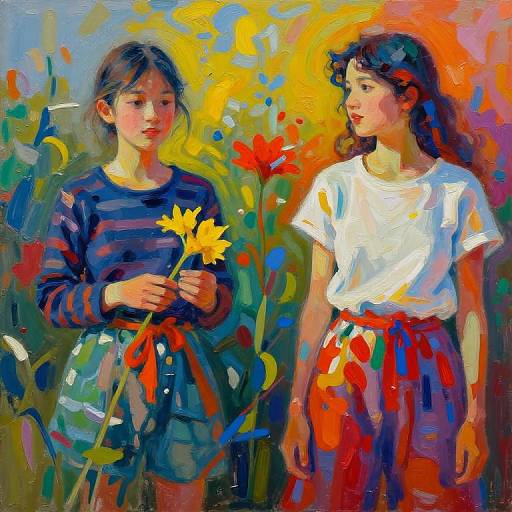 Vibrant oil painting of two young girls standing in a colorful field, one holding sunflowers, both wearing casual clothes.