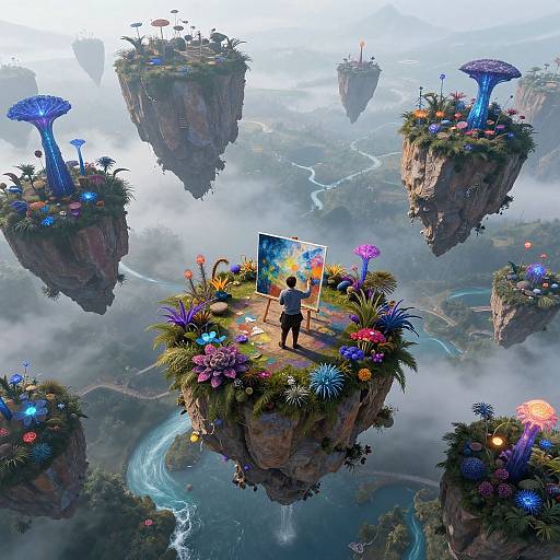 Digital art: A solitary artist stands on a floating, flower-adorned cliff island, painting vibrant scenery, surrounded by mushroom-shaped islands and winding rivers