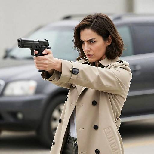 Intense Woman Aiming Handgun in Trench Coat