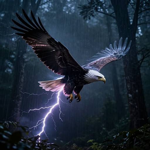 Photograph of a majestic bald eagle with outstretched wings flying through a rainstorm, illuminated by a bright lightning bolt. Dark, misty forest