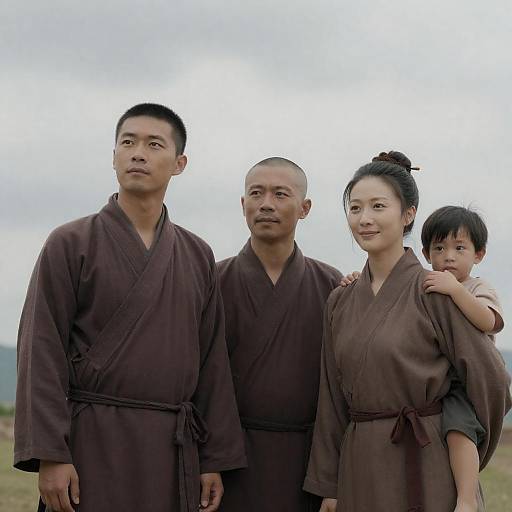 Group of East Asian People in Brown Robes Outdoors