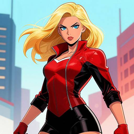 Digital comic art of a blonde woman with blue eyes, wearing a red and black zip-up jacket, standing confidently in a cityscape.