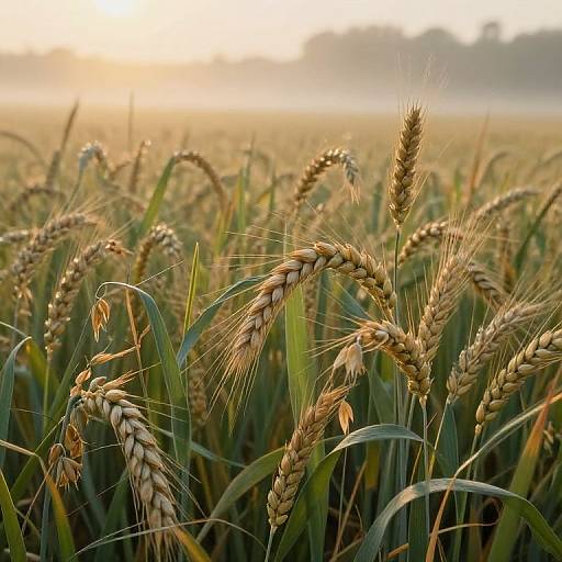 Photograph of a golden wheat field at sunrise, with dense stalks and ripe, curved grains in the foreground, blurred trees and soft light in the