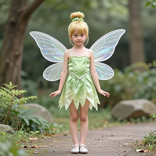 Photograph of a blonde-haired, fair-skinned, young girl in a green fairy dress and translucent wings, standing on a forest path.