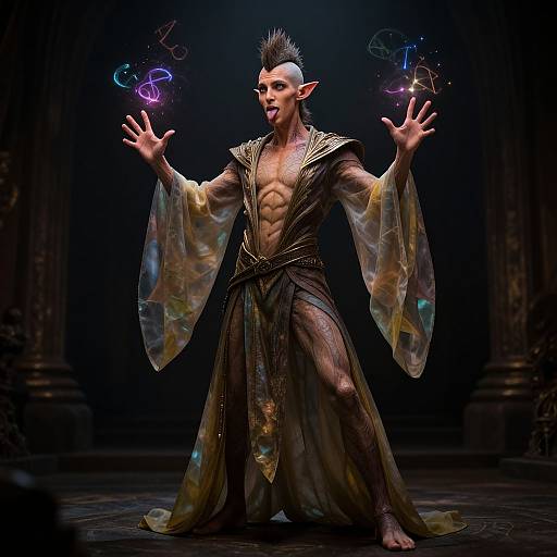 Digital CGI of a muscular, pointy-eared, dark-haired male wizard with a mohawk, glowing magic in hands, wearing a transparent, flowing