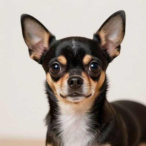 Close-up photograph of a small black and tan Chihuahua with large ears, dark round eyes, white chest fur, and a white background.