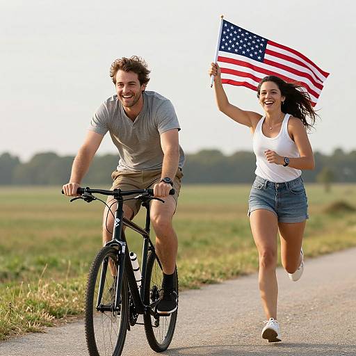 Photograph of a smiling man on a bicycle and a woman with dark hair running, holding an American flag, on a rural road.