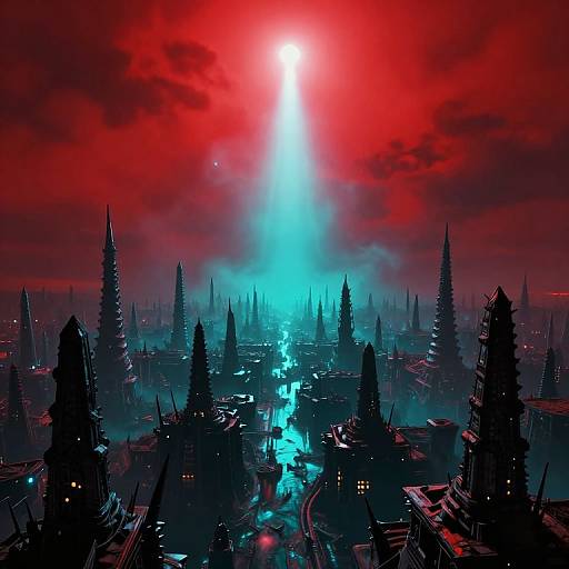 Digital artwork of a futuristic, dystopian cityscape at sunset, with towering, silhouetted spires under a vivid red sky and bright blue