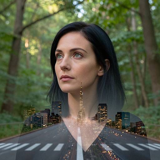 Double Exposure Woman Between Nature and City
